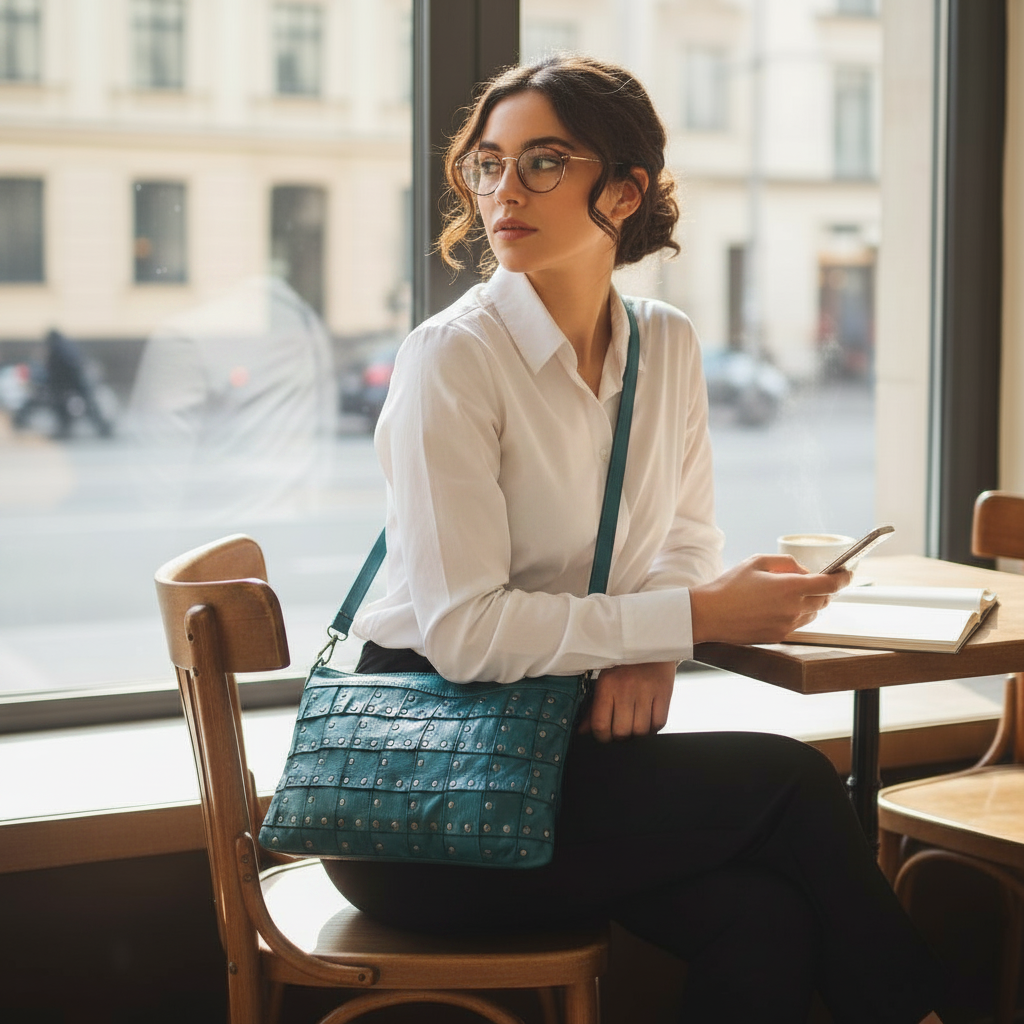 Borsa a tracolla donna in vera pelle borchiata piatta