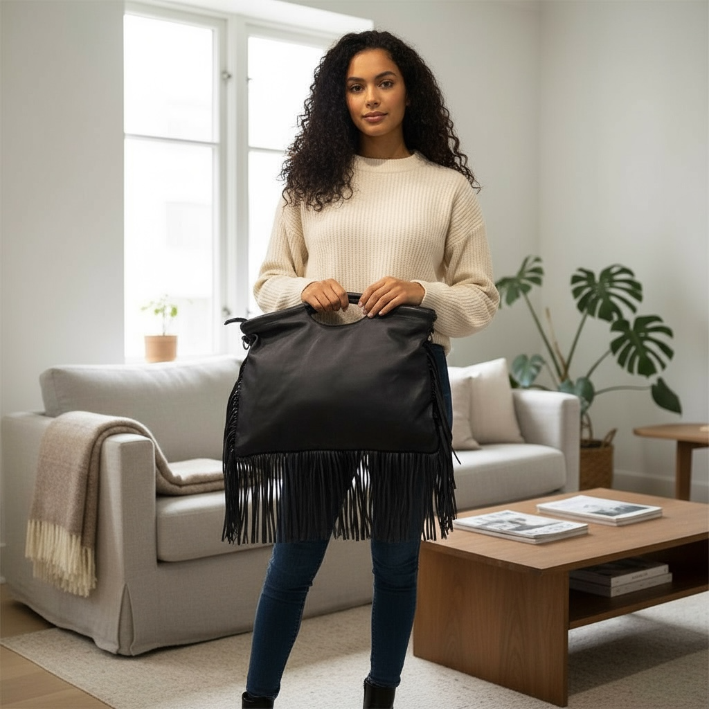 Borsa Donna a Mano in Pelle con Frange