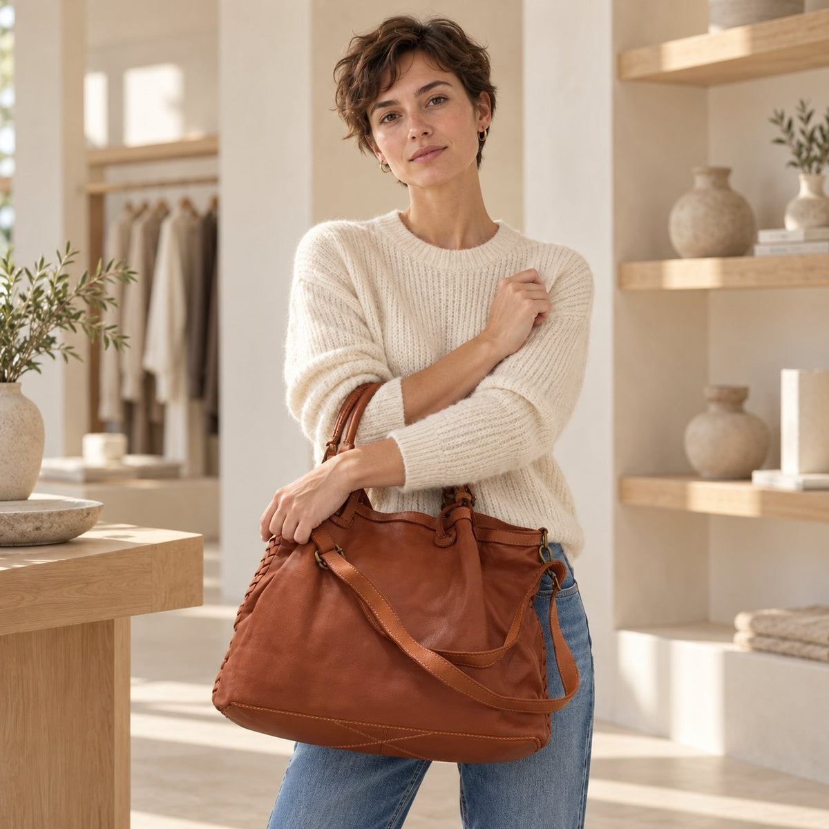 Borsa Donna Alfa in pelle intrecciata Cuoio - Pito’s|Bag