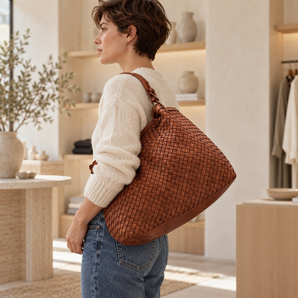 Borsa Donna Alfa in pelle intrecciata Cuoio - Pito’s|Bag