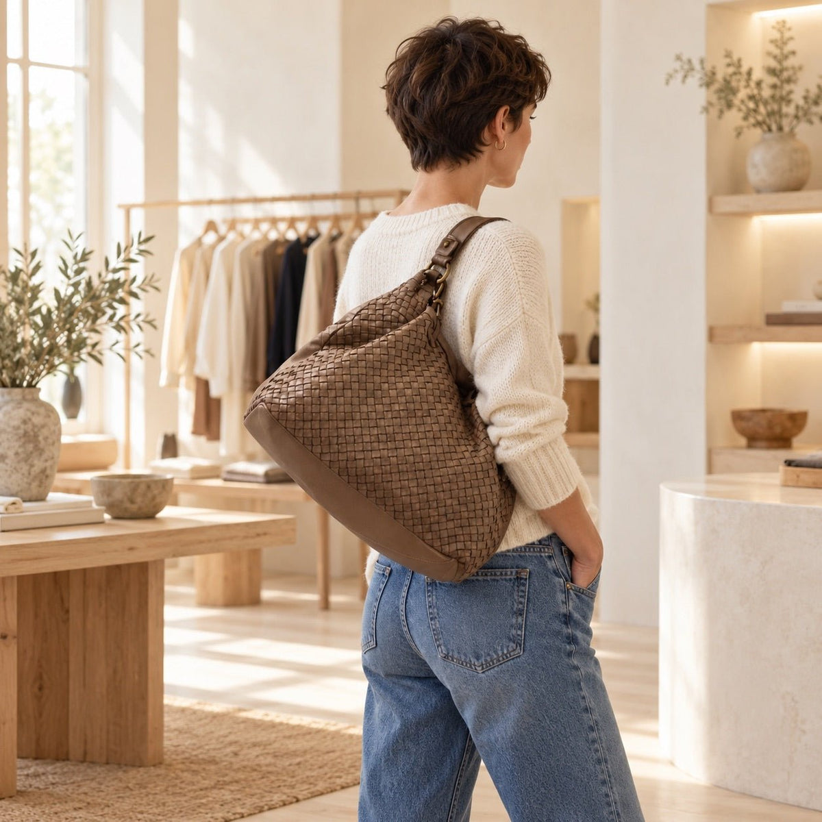 Borsa Donna Alfa in pelle intrecciata Taupe Scuro - Pito’s|Bag
