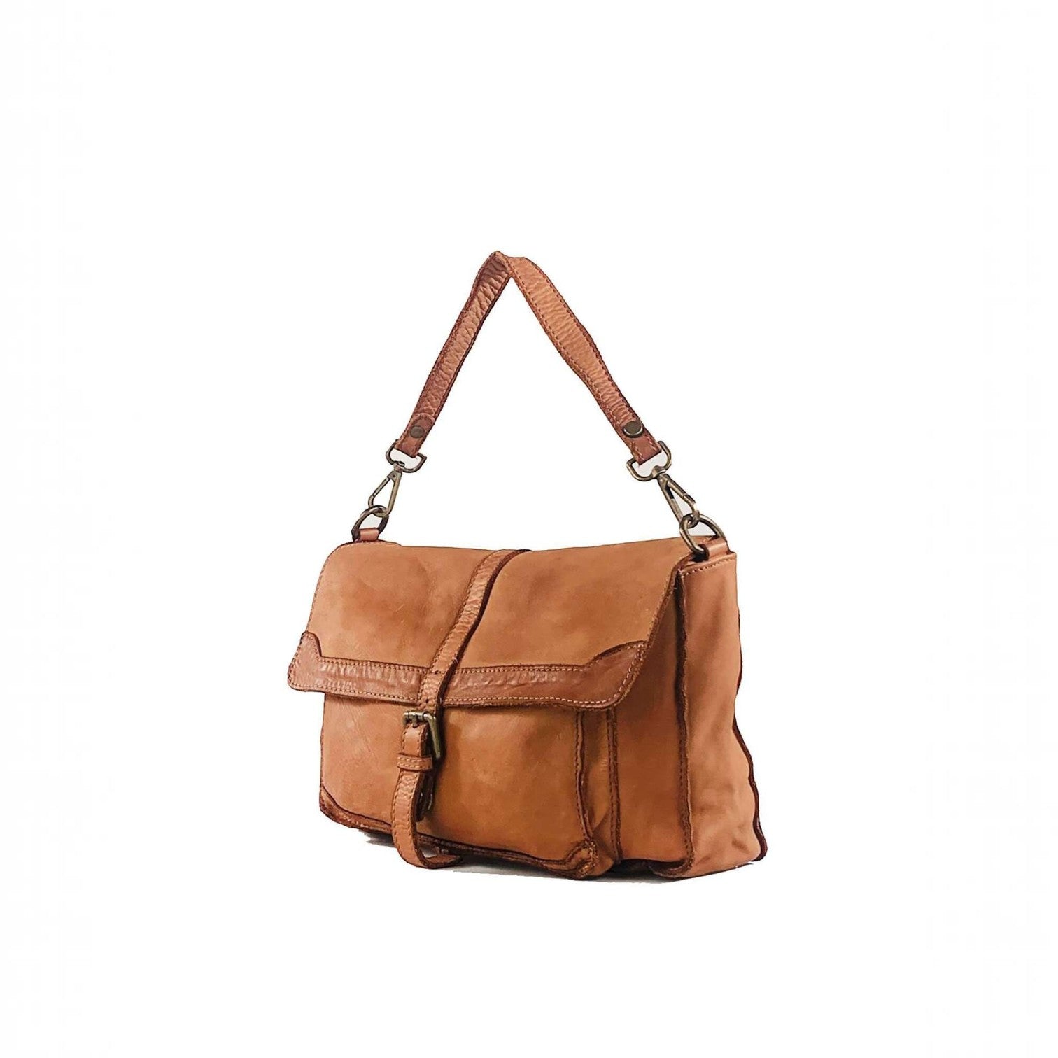 Borsa cartella Pito’s|Bag Ale in vera pelle di vacchetta color cuoio con tracolla e dettagli in metallo ottonato