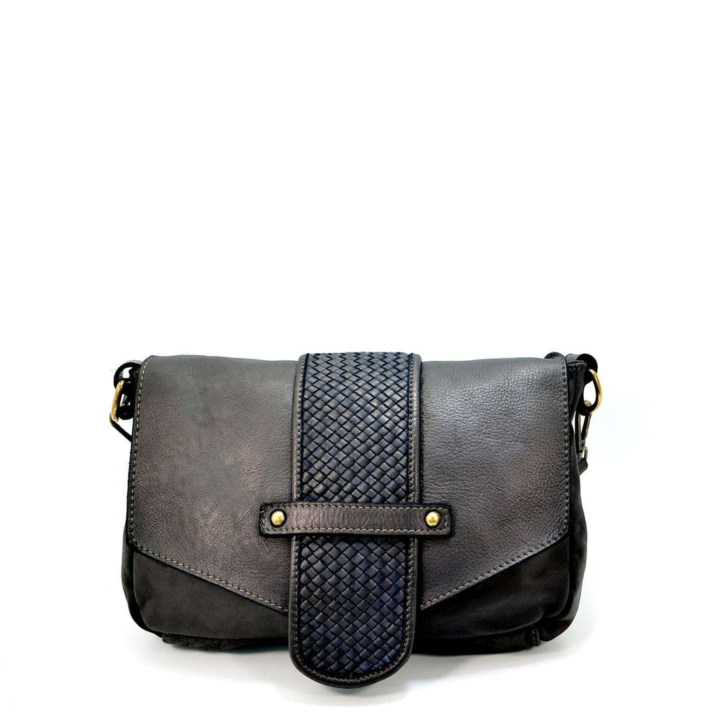 Borsa cartella Pito’s|Bag Snow in vera pelle grigia con patta frontale intrecciata e dettagli in ottone