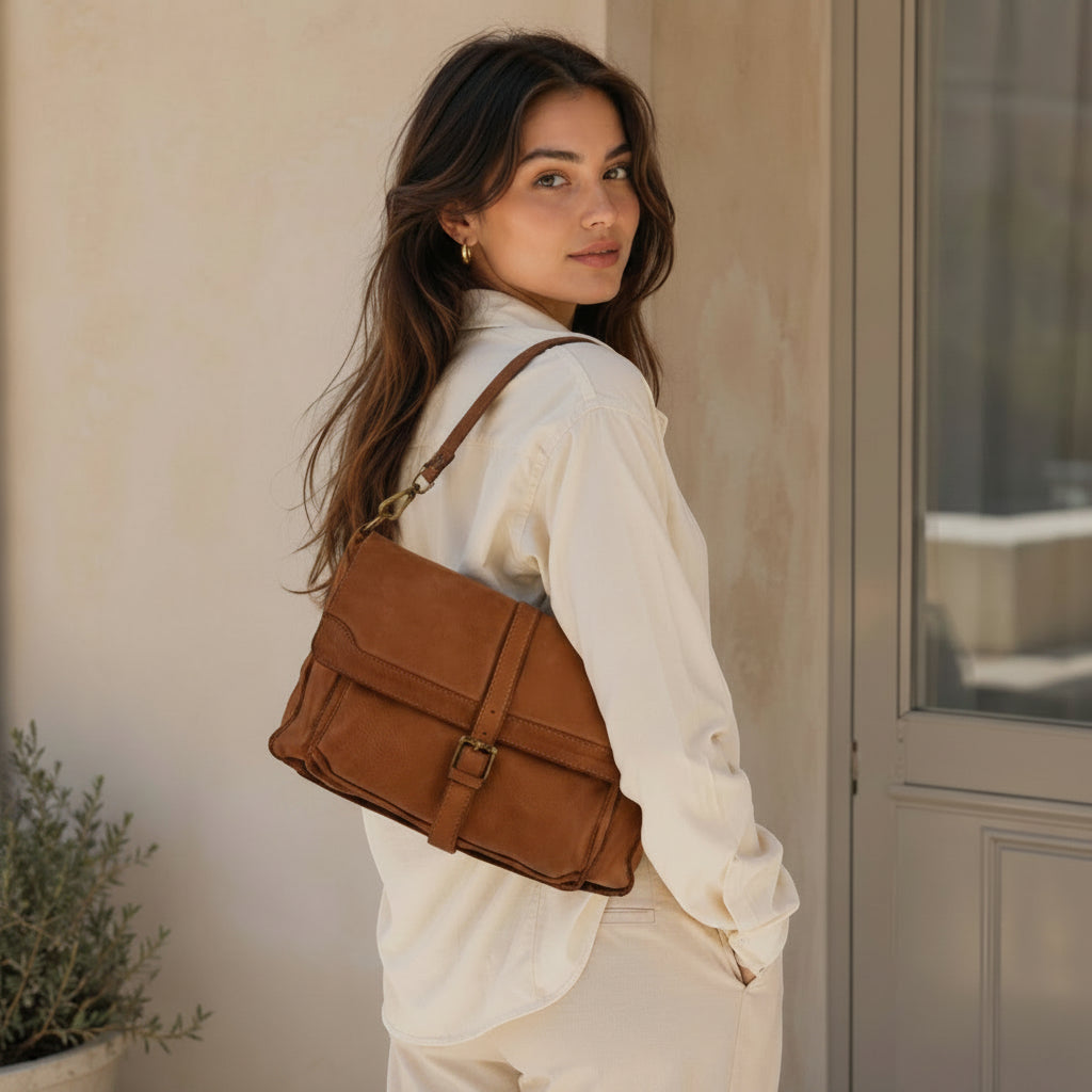 Modella indossa borsa cartella Pito’s|Bag Ale in vera pelle marrone con tracolla e dettagli in metallo ottonato