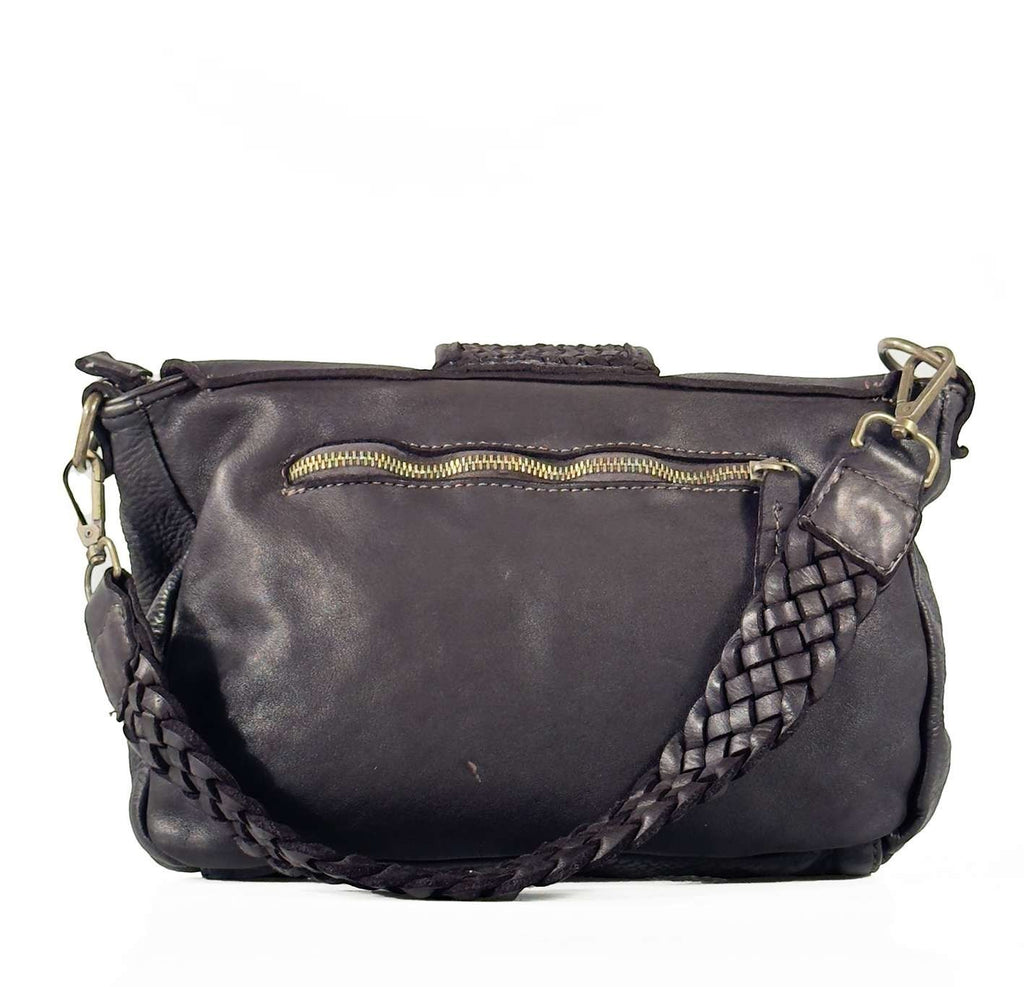 Borsa cartella Pito’s|Bag Snow in vera pelle di vitello scura con tracolla intrecciata e tasca posteriore con zip