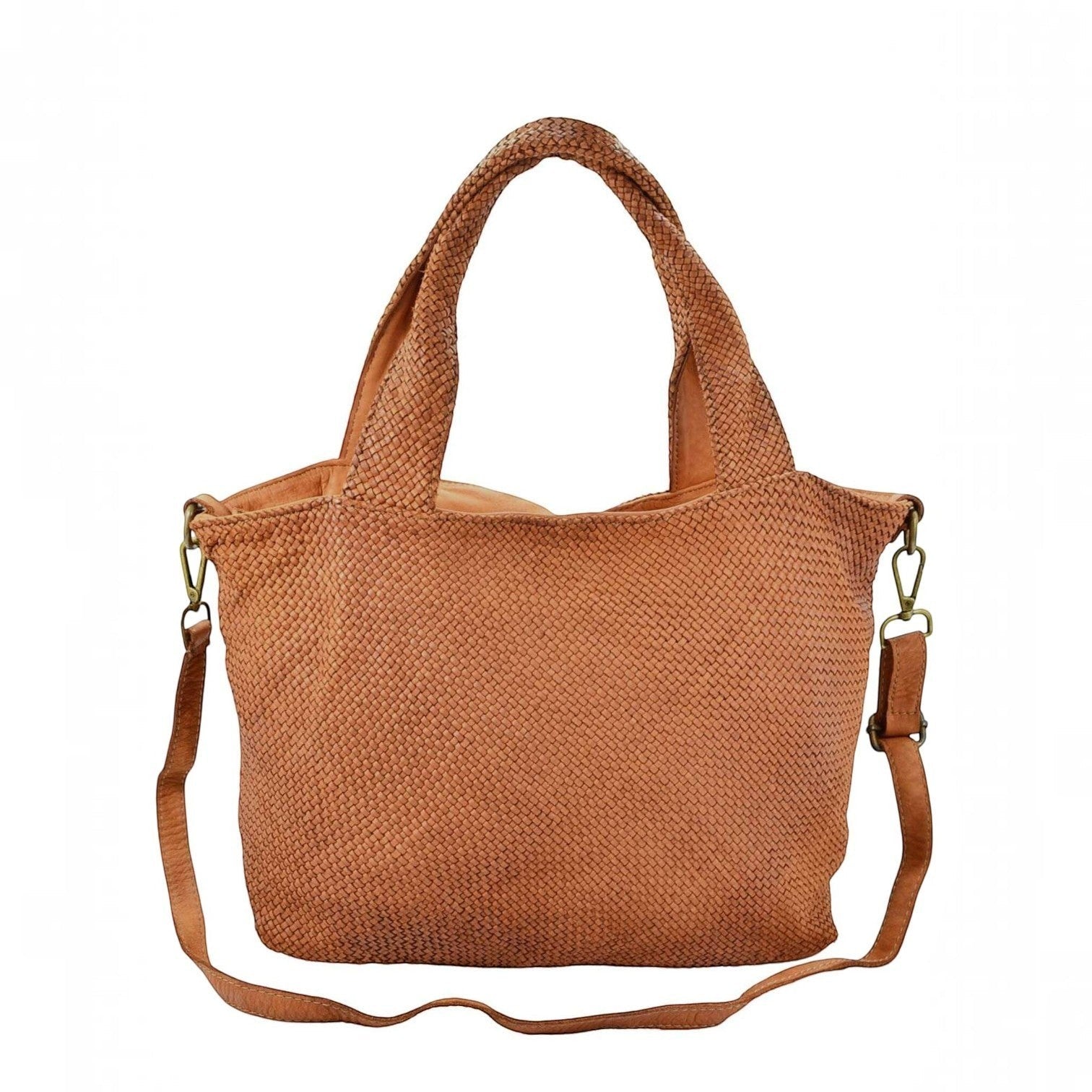 Borsa a mano Pito’s|Bag in pelle di vacchetta color cuoio con lavorazione intrecciata e tracolla regolabile