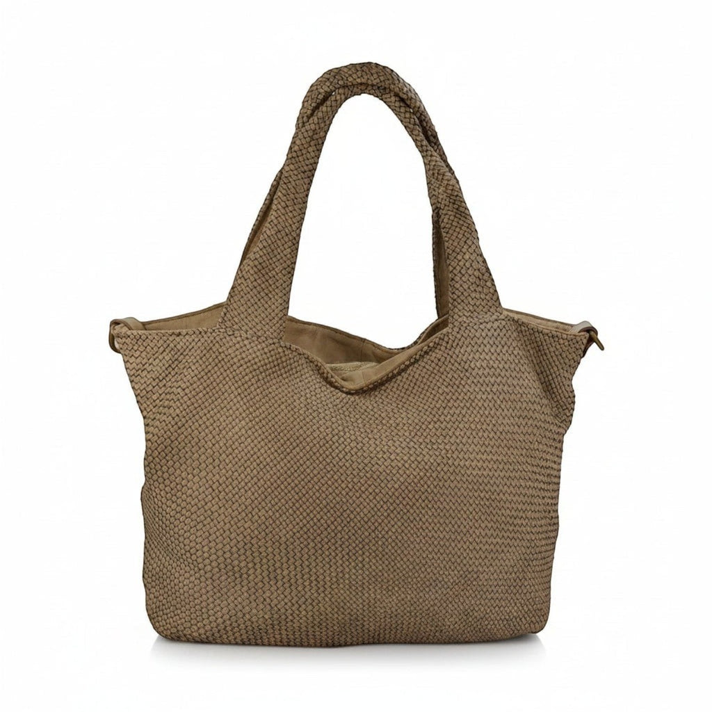 Borsa a mano Pito’s|Bag in pelle di vacchetta color tortora con lavorazione a intreccio sottile e doppi manici.
