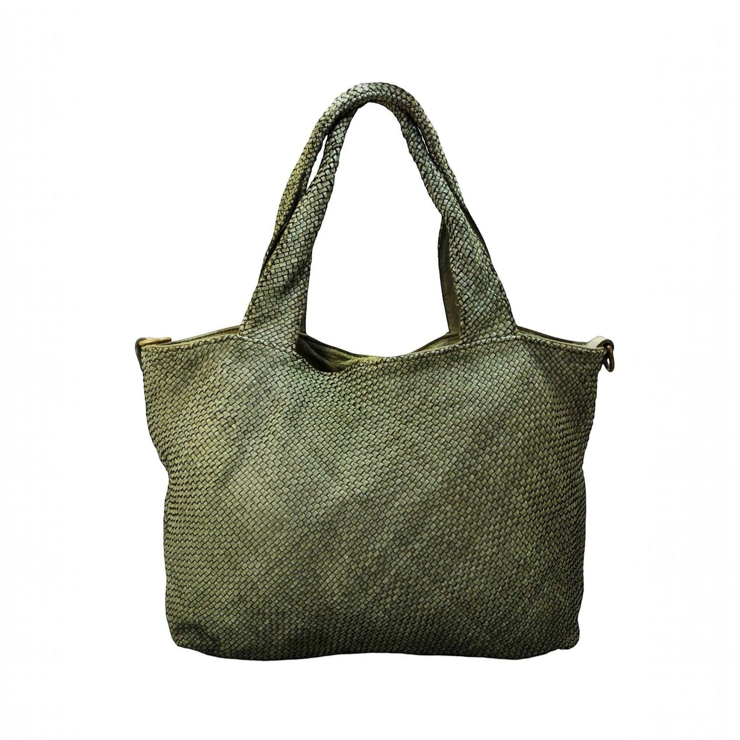 Borsa a mano Pito’s|Bag media in pelle di vacchetta verde con lavorazione a intreccio sottile e doppi manici
