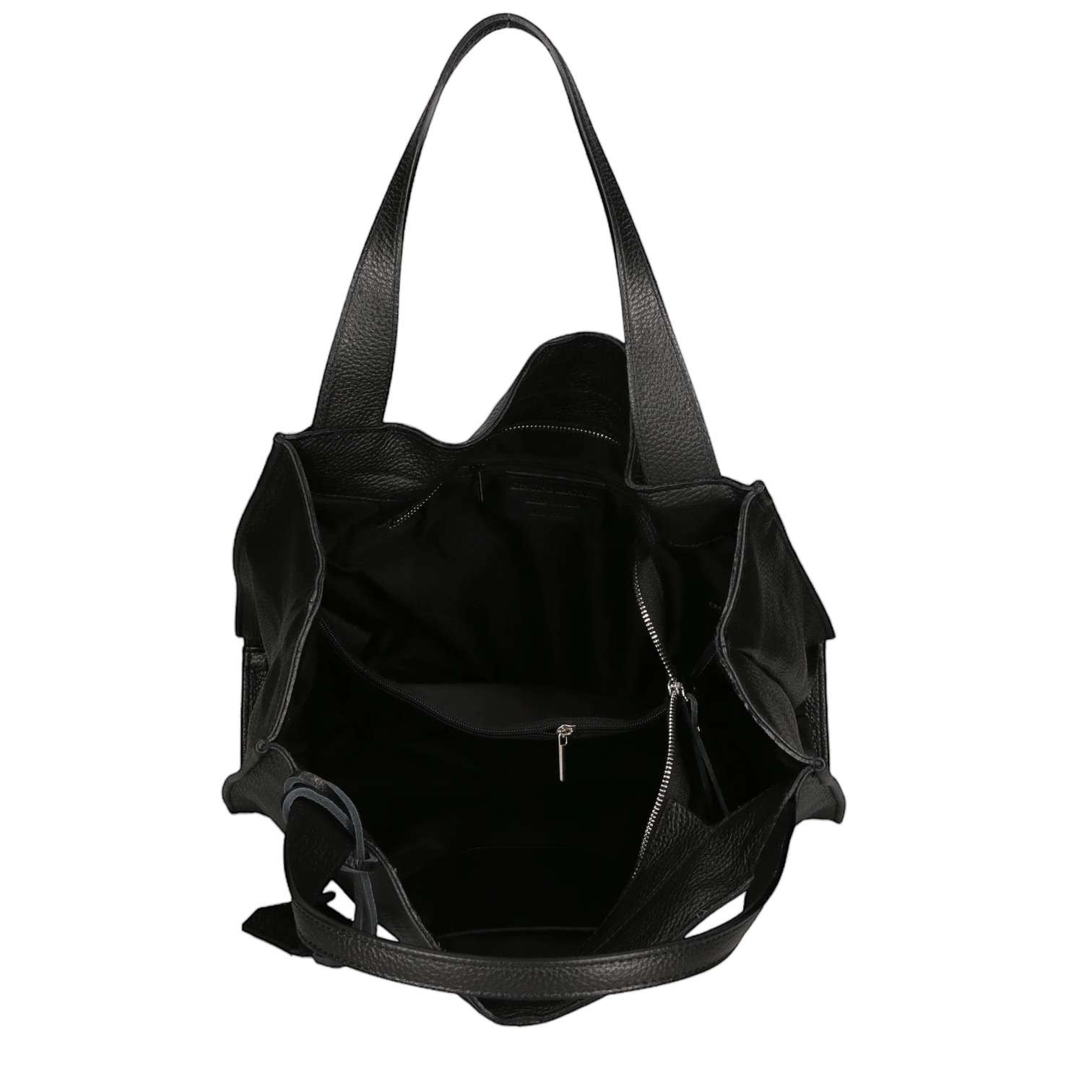 Interno della borsa a spalla Pito’s|Bag in vera pelle martellata nera con scomparti e fodera in cotone