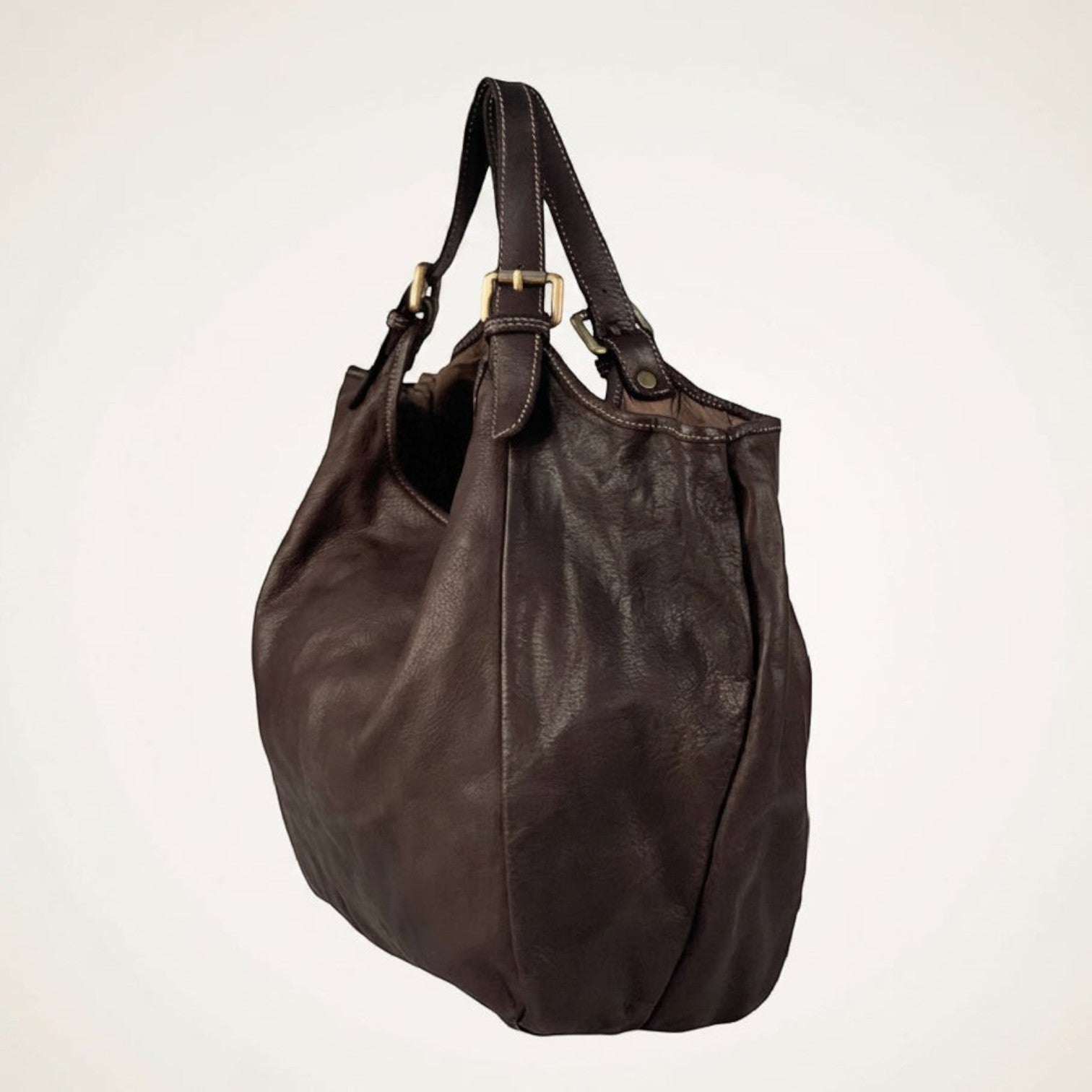 Borsa a sacca Pito’s|Bag Era in vera pelle di vacchetta marrone con manici regolabili, artigianale Made in Tuscany