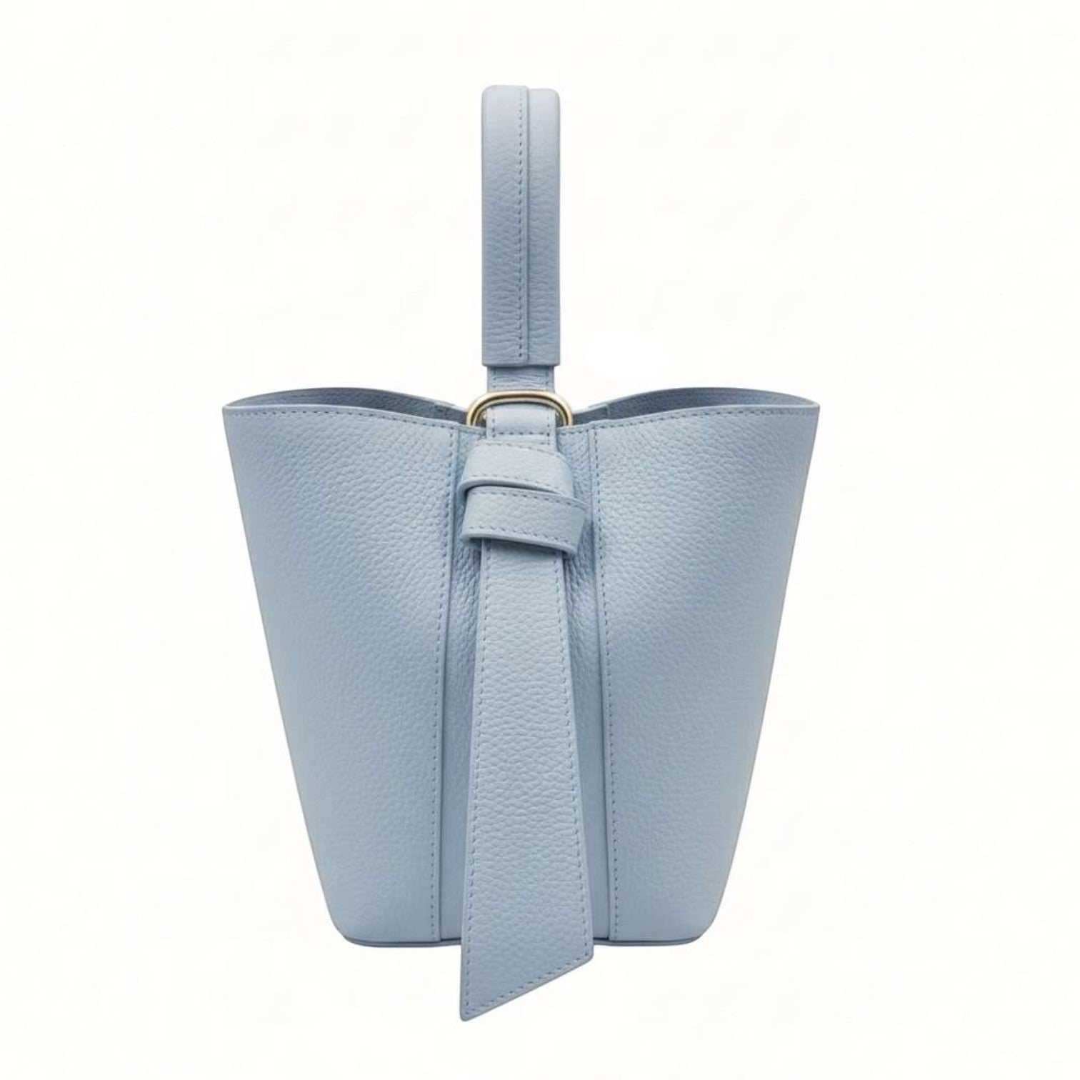Borsa secchiello Pito’s|Bag in vera pelle azzurra con manico superiore e dettaglio a nodo, design artigianale italiano.