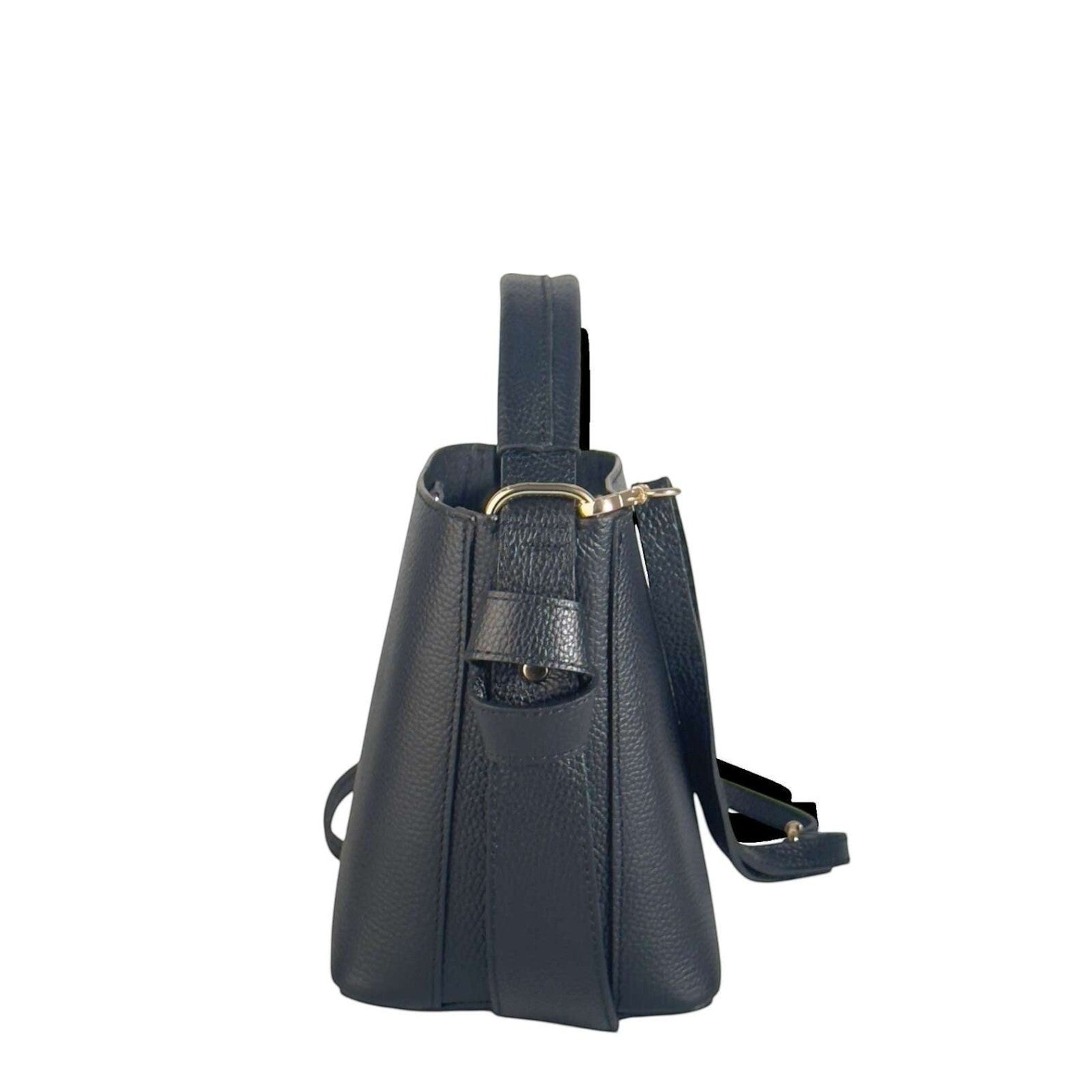 Borsa secchiello Pito’s|Bag in vera pelle blu con tracolla regolabile e design minimalista, vista laterale.