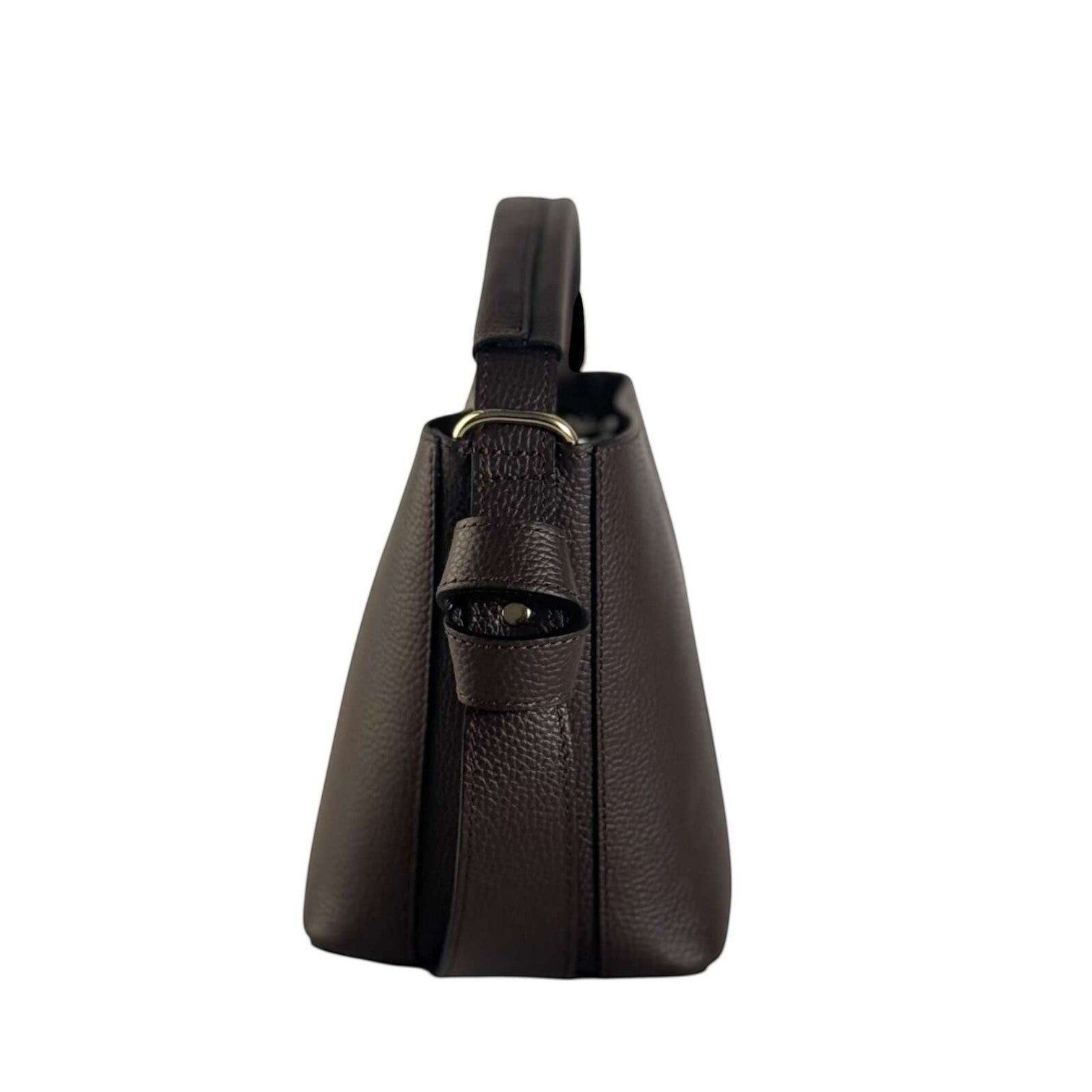 Borsa secchiello Pito’s|Bag in vera pelle marrone con design minimal e tracolla regolabile, vista laterale.