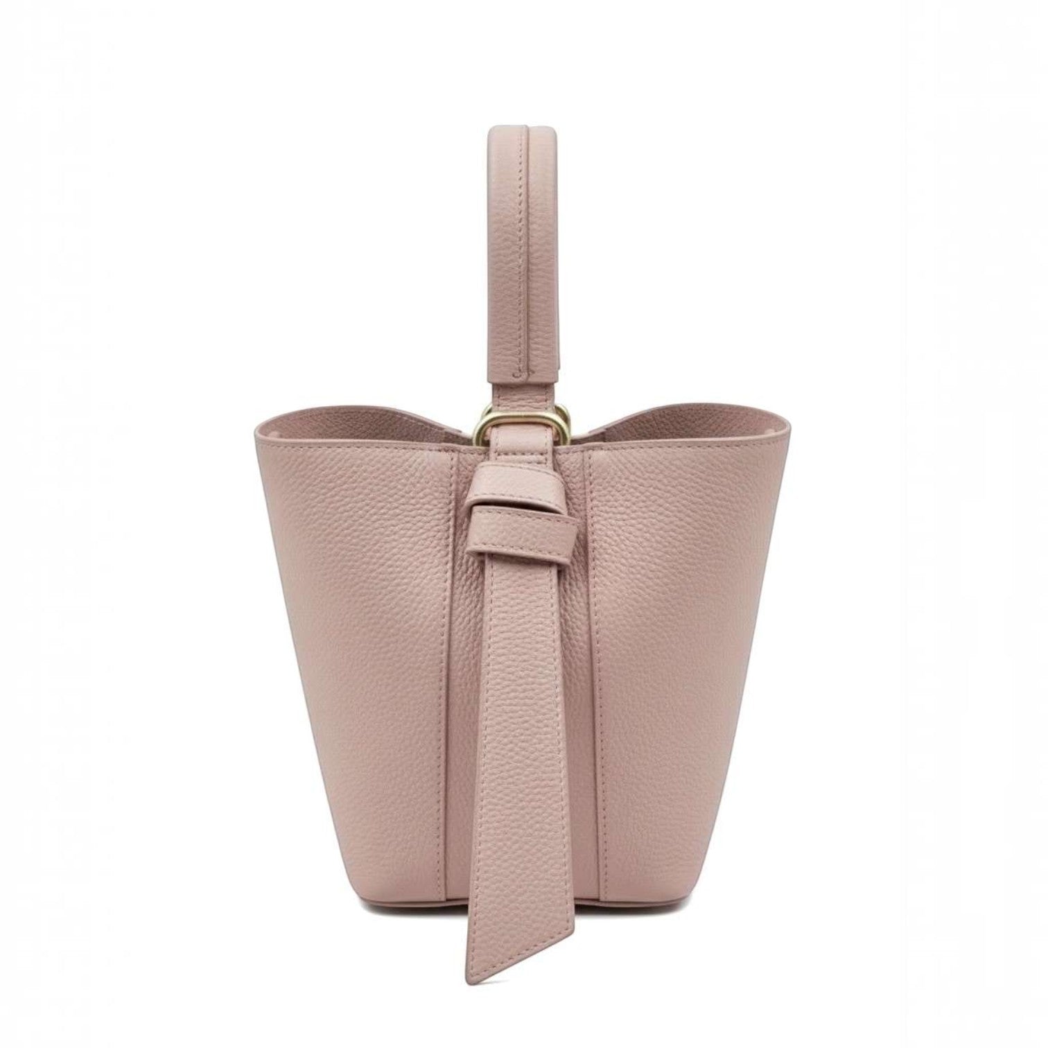 Borsa secchiello Pito’s|Bag in vera pelle rosa con manico superiore, design minimal e dettagli in metallo dorato.
