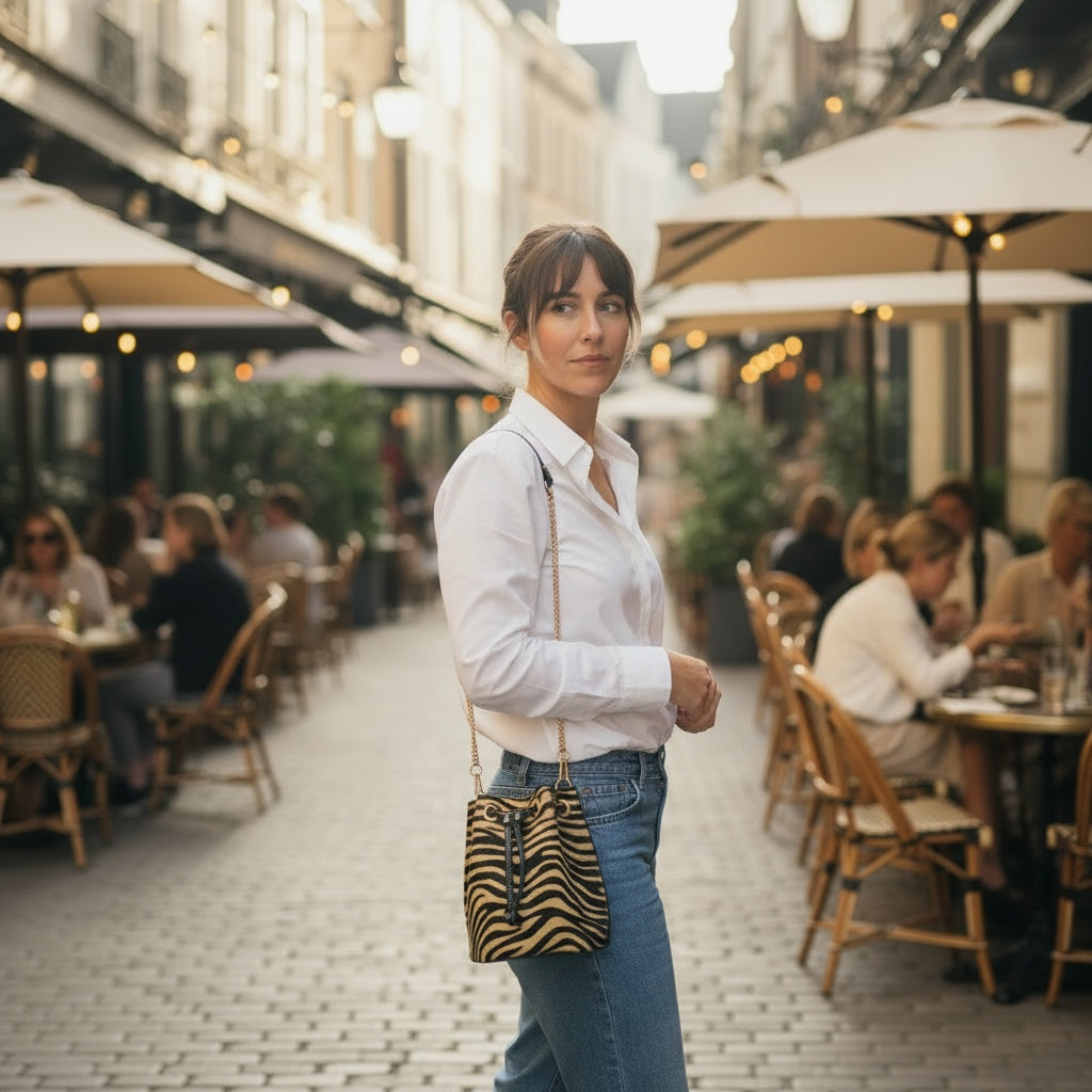 Donna con borsa secchiello Pito’s|Bag in pelle e cavallino zebrato marrone e nero con catena dorata in città