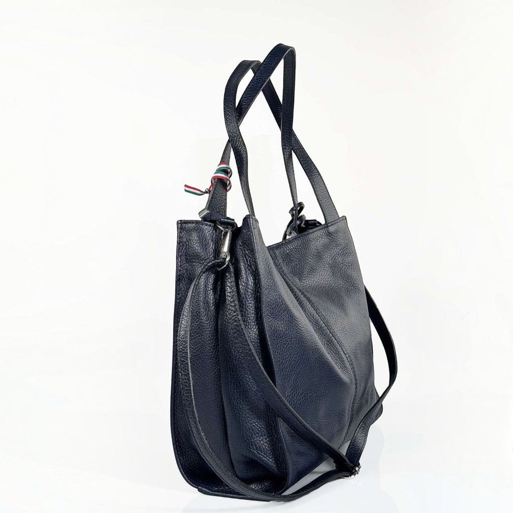Borsa a spalla Pito’s|Bag in vera pelle martellata blu scuro con manici e tracolla regolabile, vista laterale