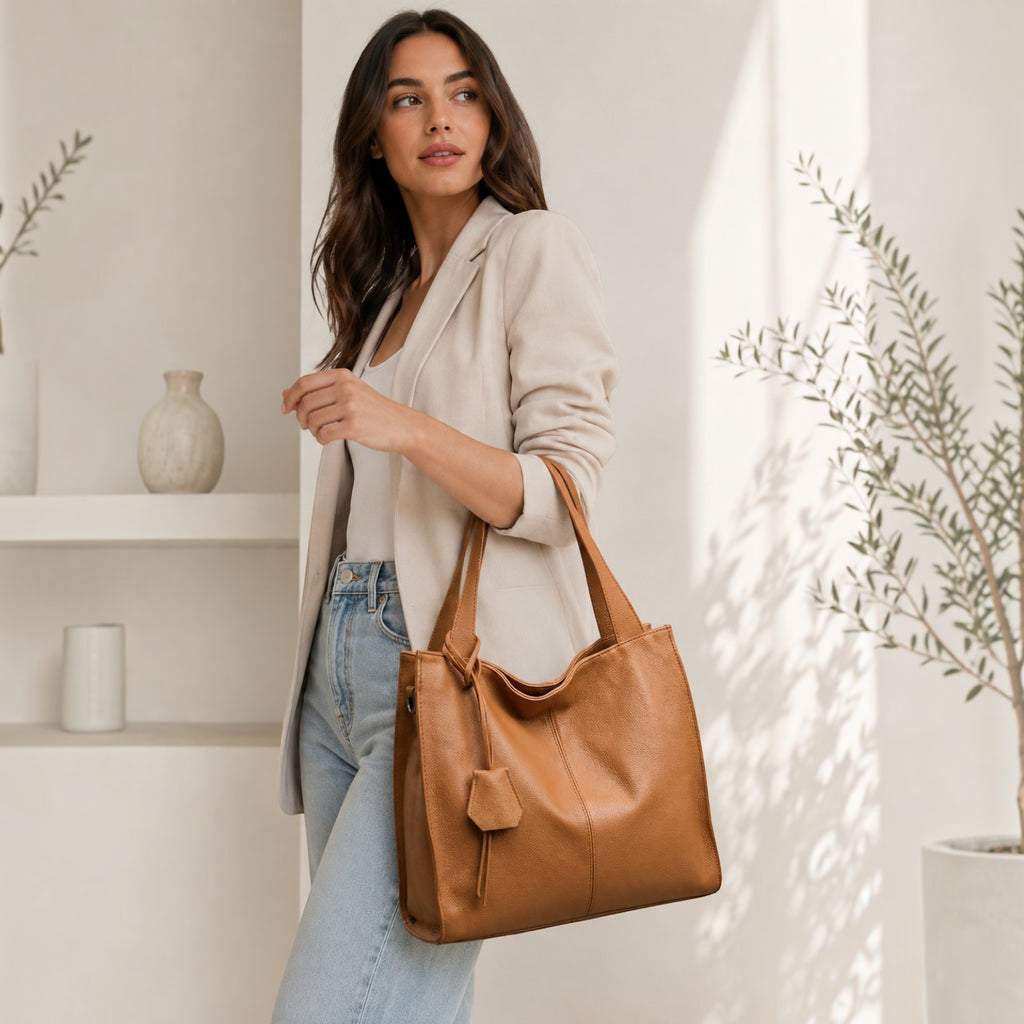 Modella indossa borsa a spalla Pito’s|Bag in pelle martellata color cuoio con manici e tracolla regolabile