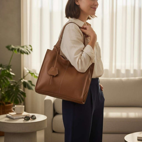 Donna che indossa una borsa a spalla Pito’s|Bag in vera pelle martellata color cuoio con manici lunghi