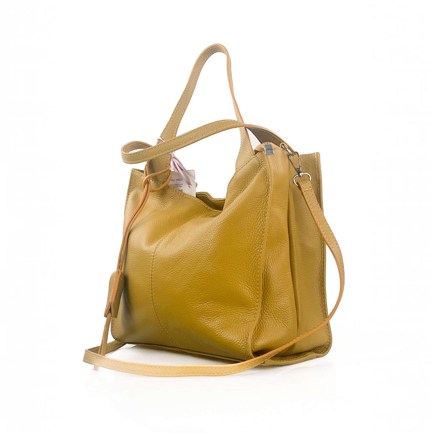 Borsa a spalla Pito’s|Bag in vera pelle martellata color senape con manici e tracolla regolabile, design Made in Italy.