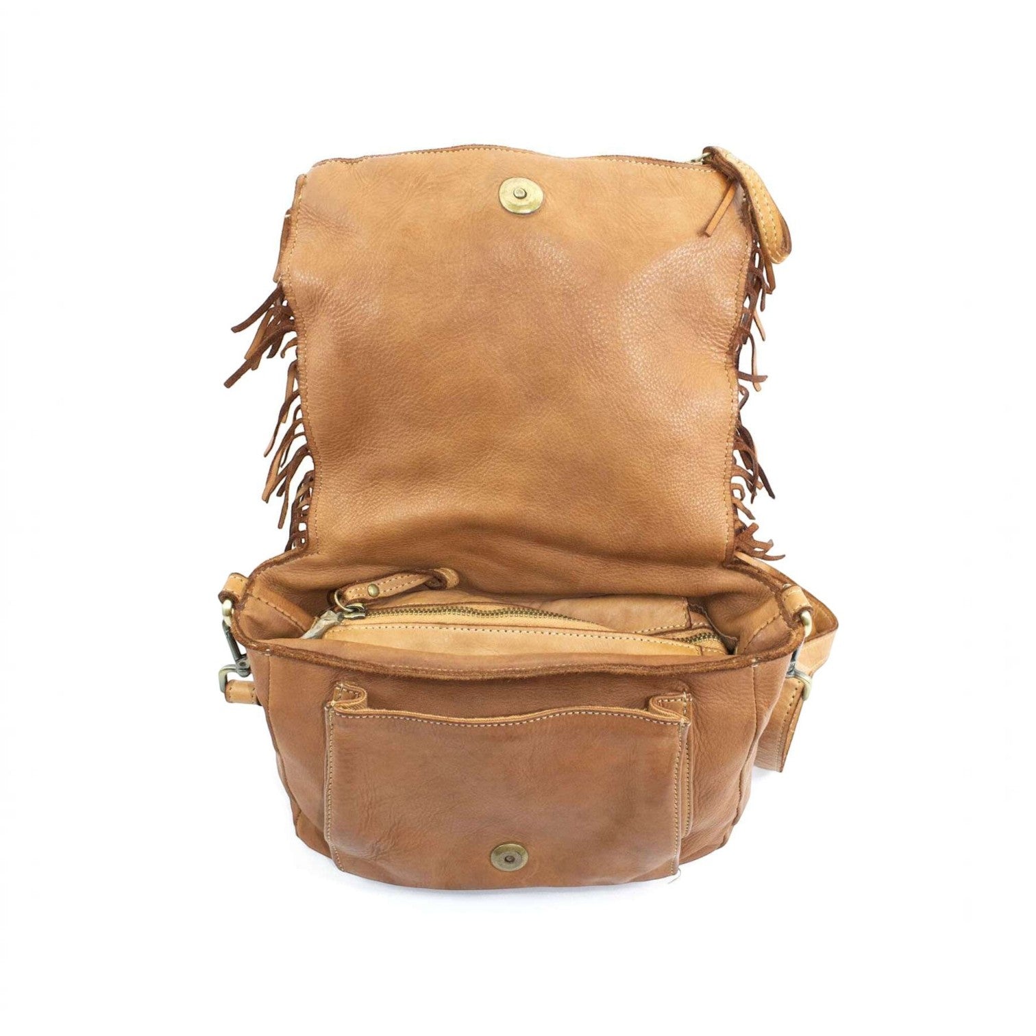 Borsa a tracolla Pito’s|Bag Fru Fru in pelle color cuoio con frange, patta aperta e dettagli in ottone.