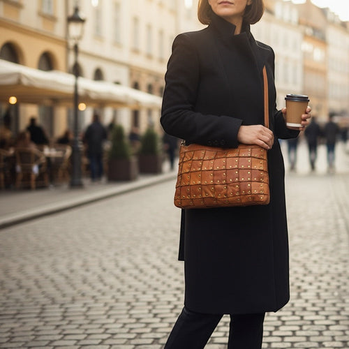 Donna che indossa una borsa a tracolla Pito’s|Bag in vera pelle color cuoio con borchie quadrate in stile rock-chic