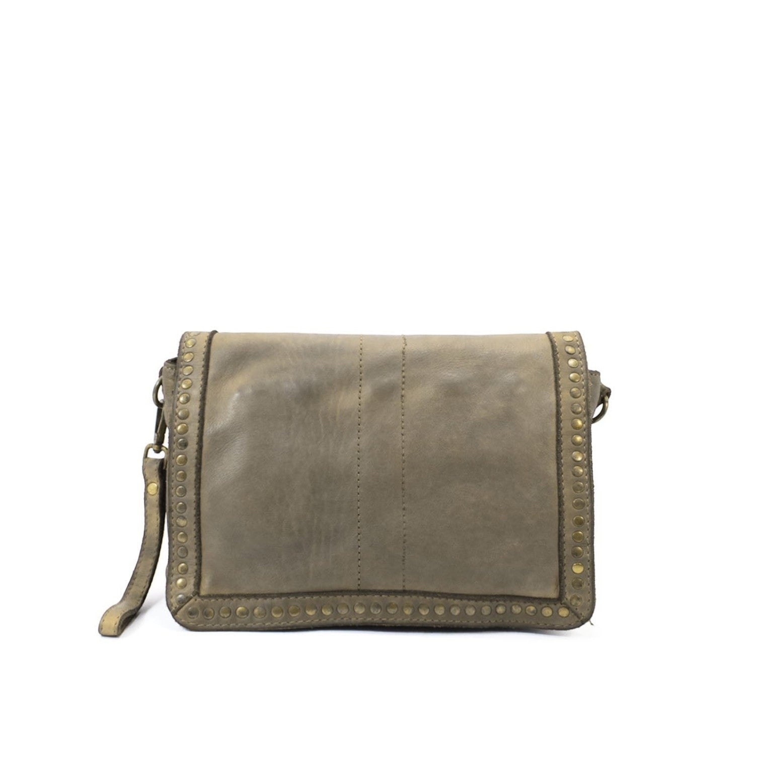 Borsa a tracolla Pito’s|Bag in vera pelle taupe tinta in capo con borchie color ottone e chiusura a zip
