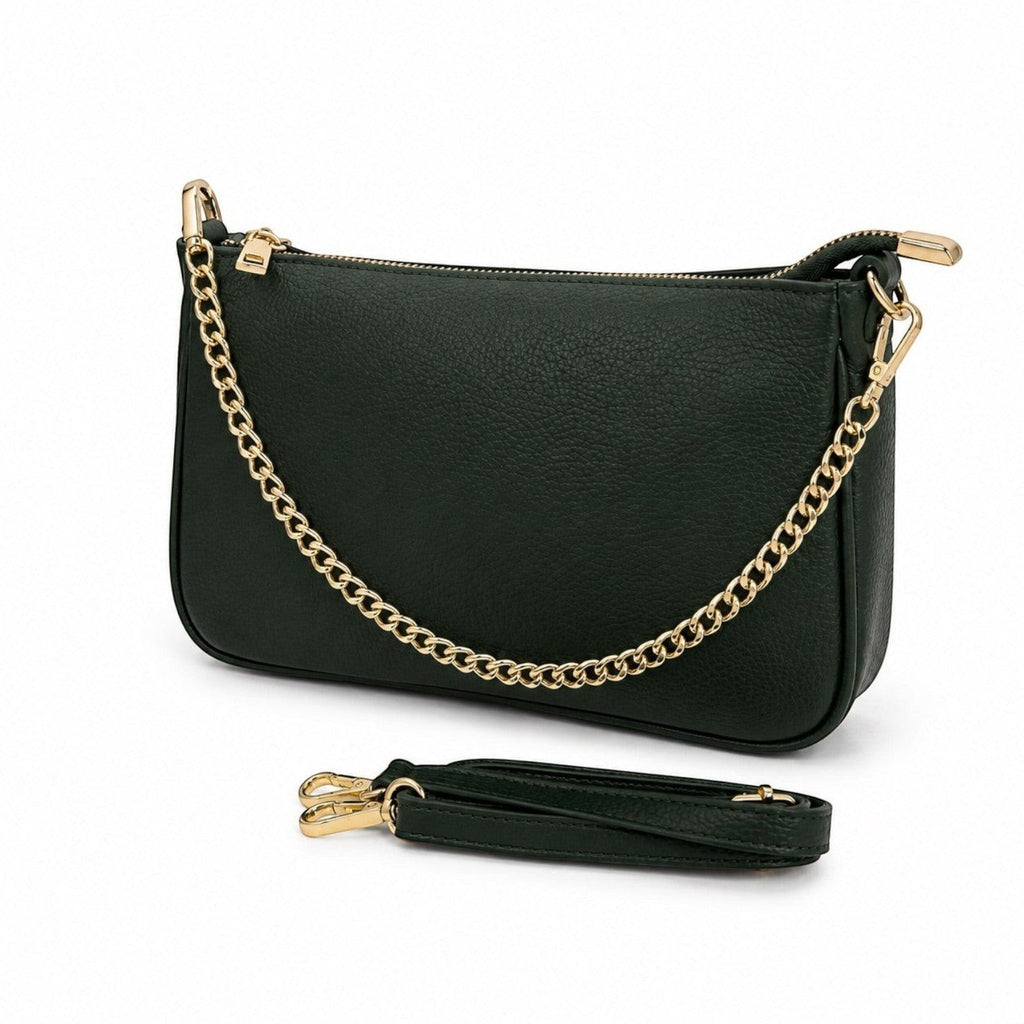 Borsetta Pito’s|Bag Bea in vera pelle martellata verde scuro con catena metallica dorata e tracolla rimovibile