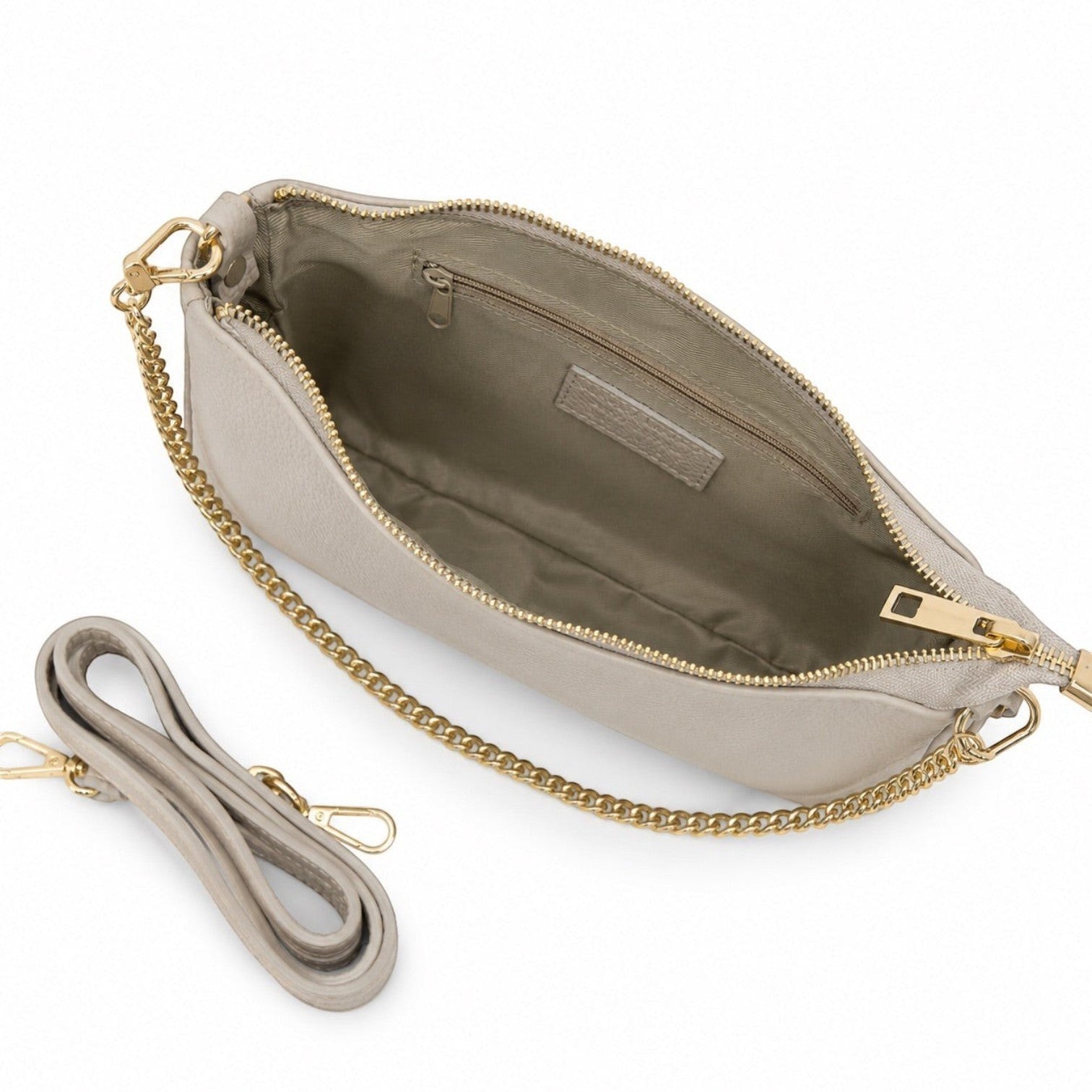 Borsetta Pito’s|Bag Bea in vera pelle martellata beige con catena dorata e tracolla rimovibile, vista interna