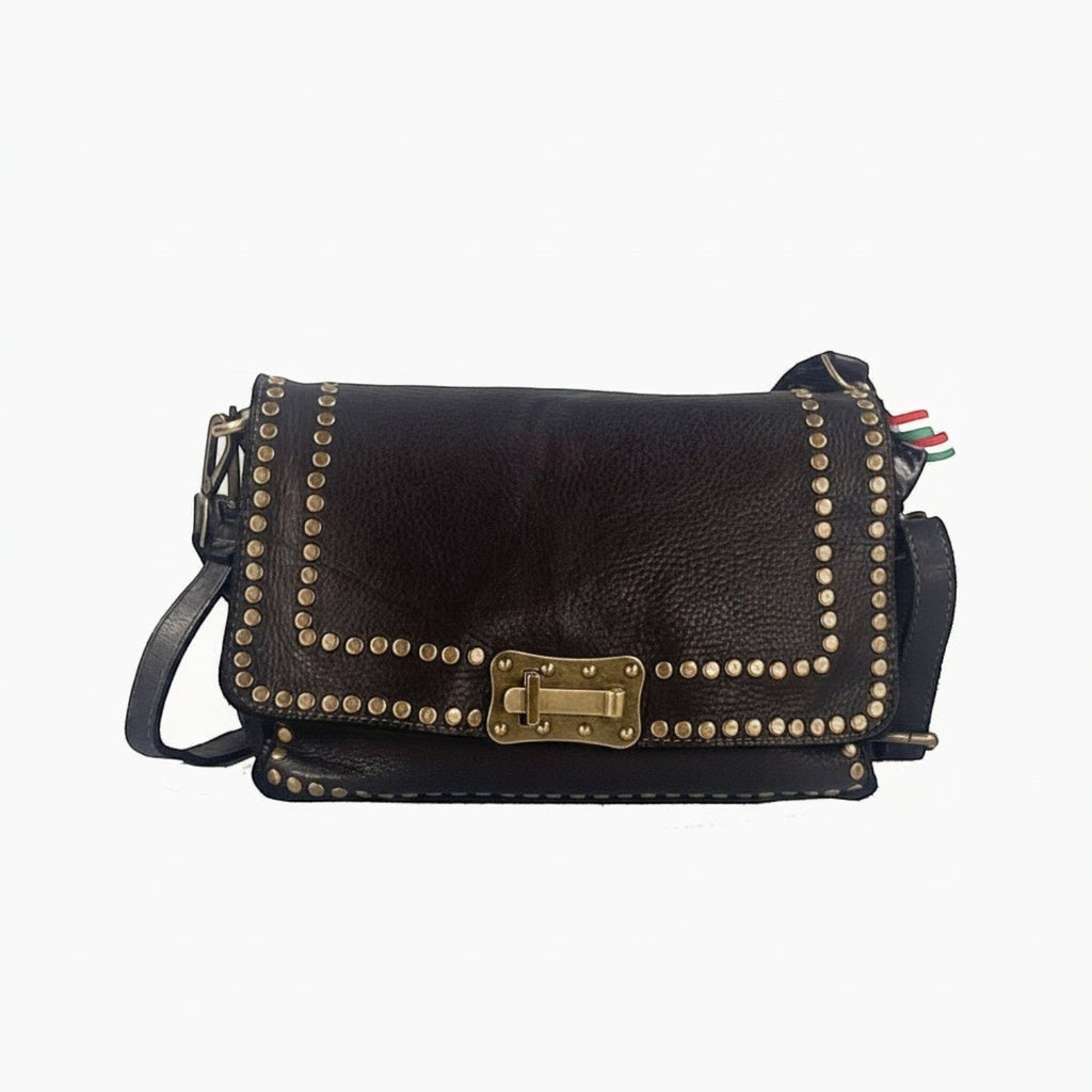 Borsetta Pito’s|Bag Special nera in vera pelle di vacchetta con borchie decorative e chiusura in ottone anticato
