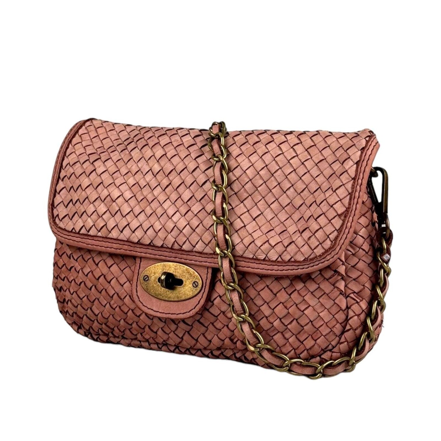 Borsetta Pito’s|Bag Saray in pelle rosa intrecciata a mano con catena decorativa e chiusura metallica vintage