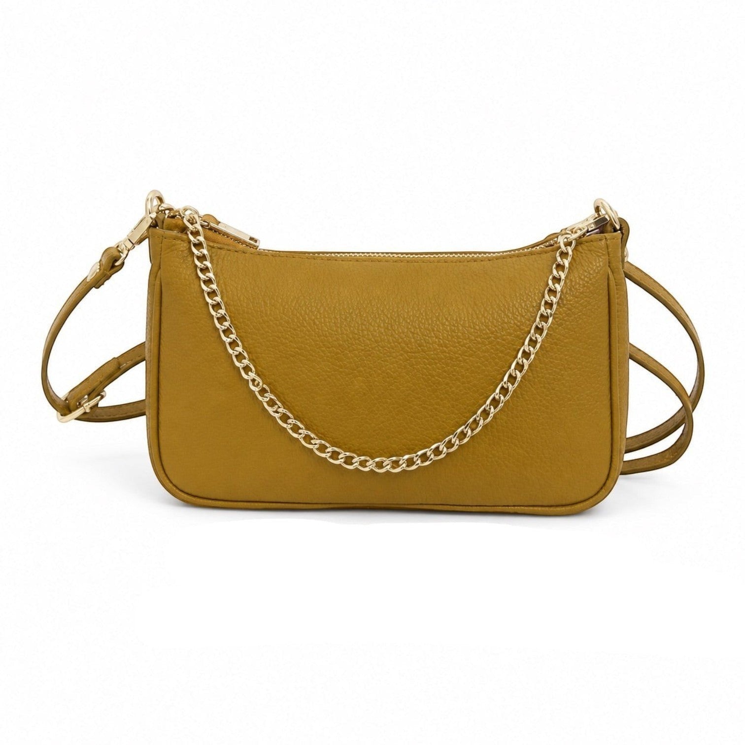 Borsetta Pito’s|Bag Bea in vera pelle martellata color senape con tracolla e catena metallica dorata rimovibile