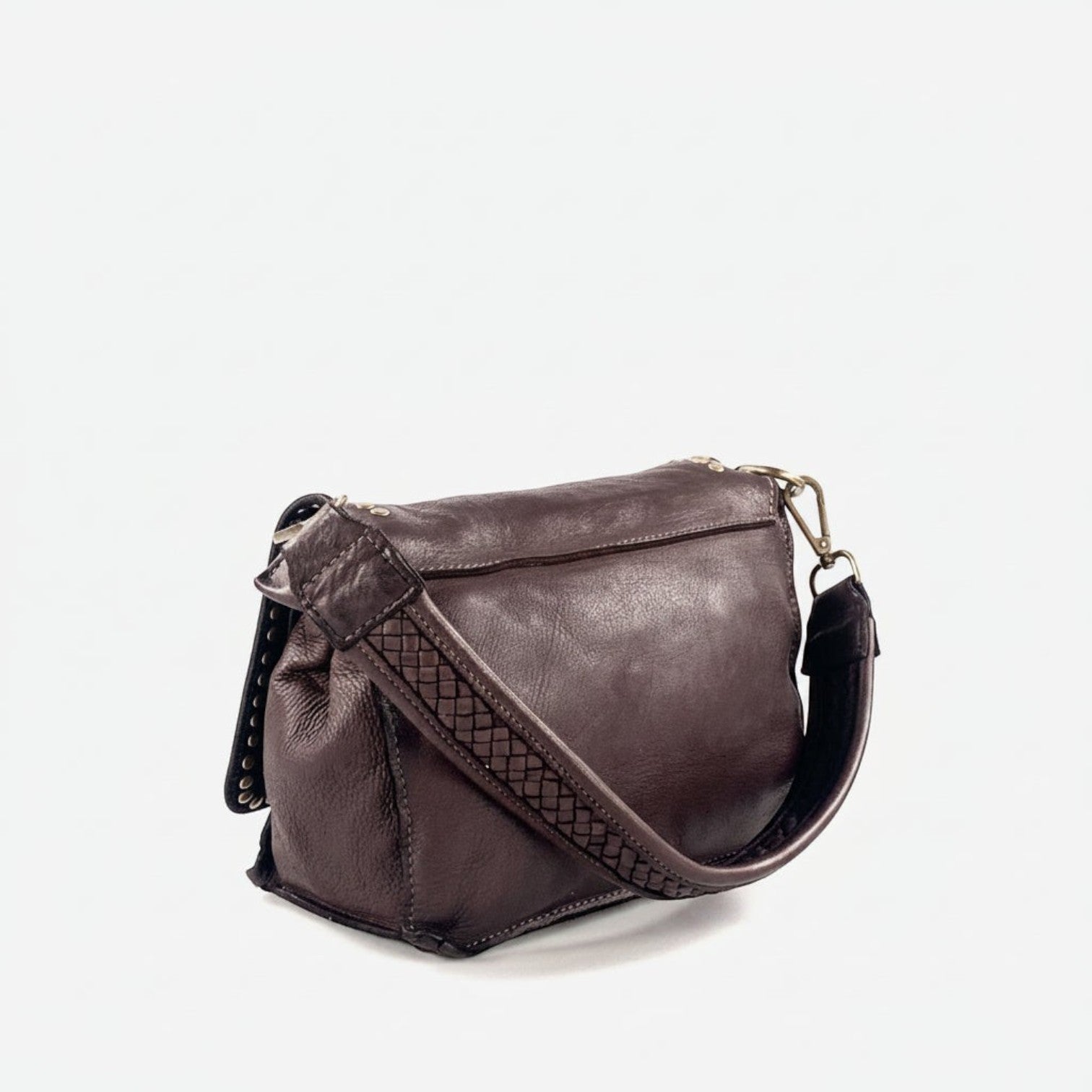 Borsetta Pito’s|Bag Special in vera pelle testa di moro con borchie laterali, tracolla regolabile e dettagli in ottone