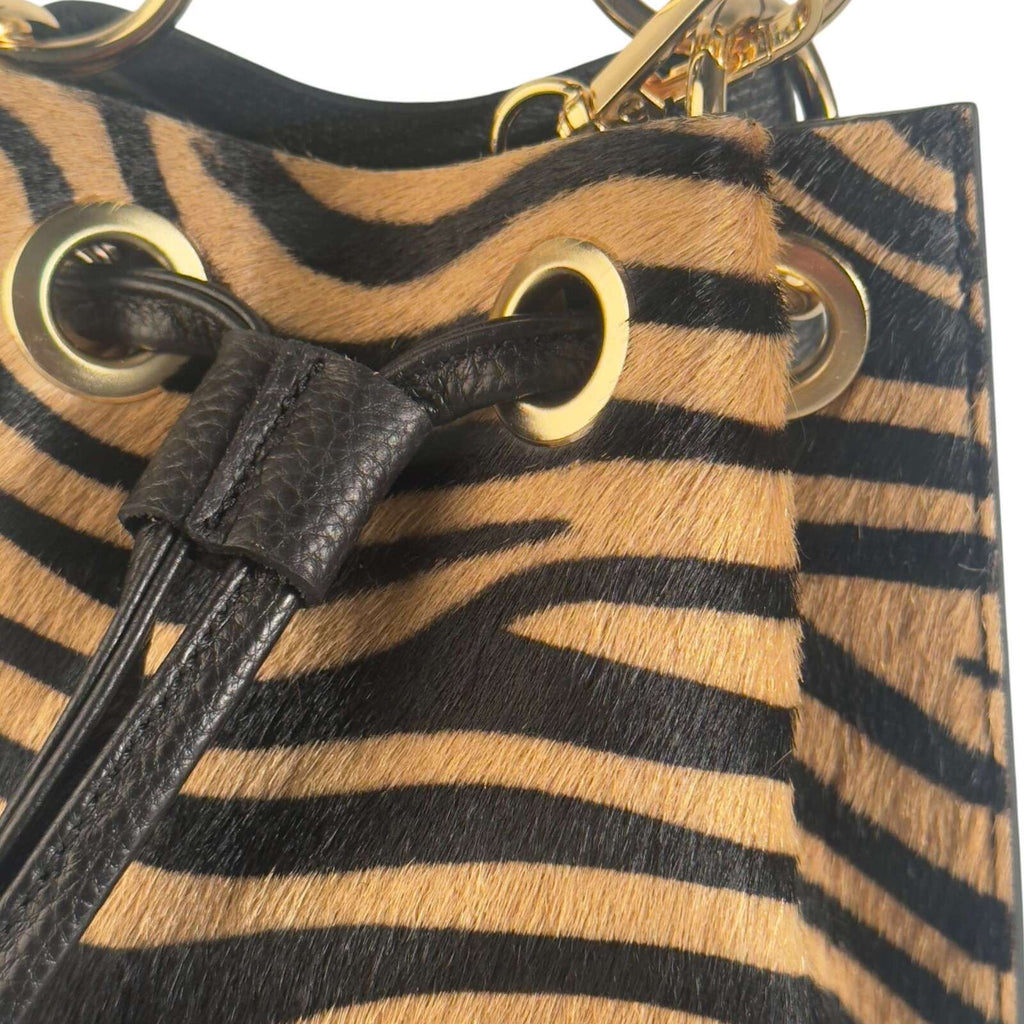 Borsetta secchiello Pito’s|Bag in pelle italiana con inserto in cavallino zebrato marrone e nero e dettagli dorati