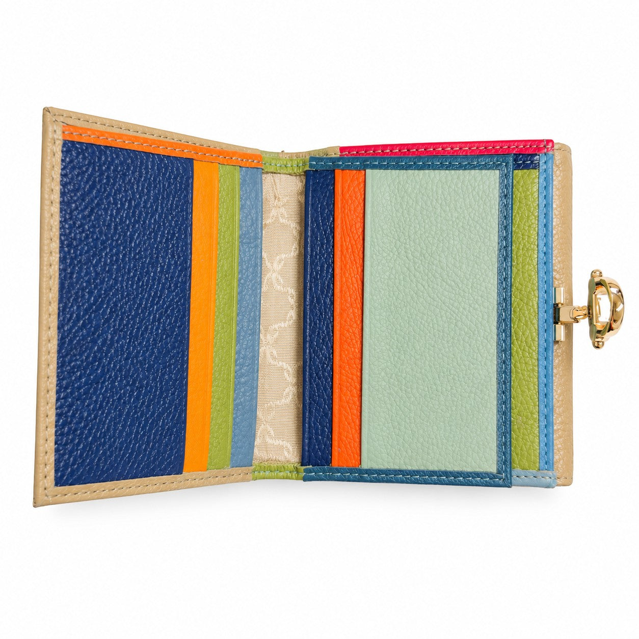 Portafoglio donna Pito’s|Bag Marinella in vera pelle multicolore con 12 slot per tessere e chiusura metallica dorata.
