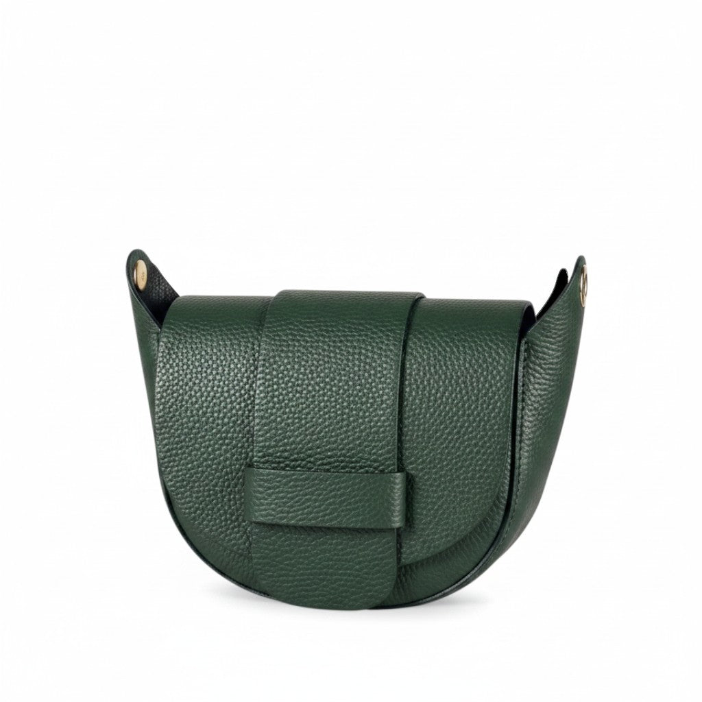 Mini borsa Pito’s|Bag Sara in vera pelle martellata verde scuro con patta frontale e dettagli dorati