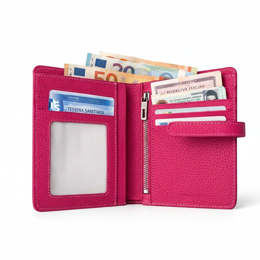 Portafoglio donna Pito’s|Bag Siena in vera pelle fucsia con scomparti per carte, banconote e zip portamonete