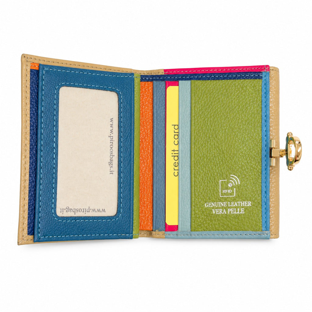Portafoglio donna Pito’s|Bag Marinella in vera pelle multicolore con 12 slot per carte e dettaglio dorato