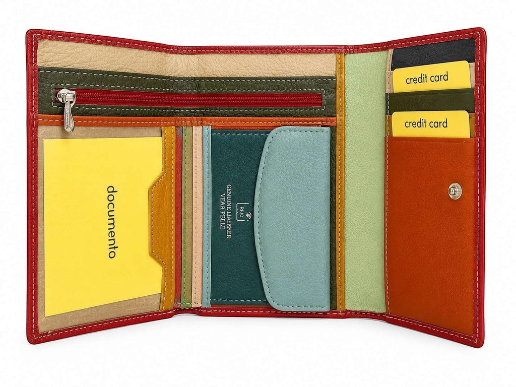 Portafoglio donna grande Pito’s|Bag in vera pelle martellata multicolore con numerosi scomparti per carte e documenti
