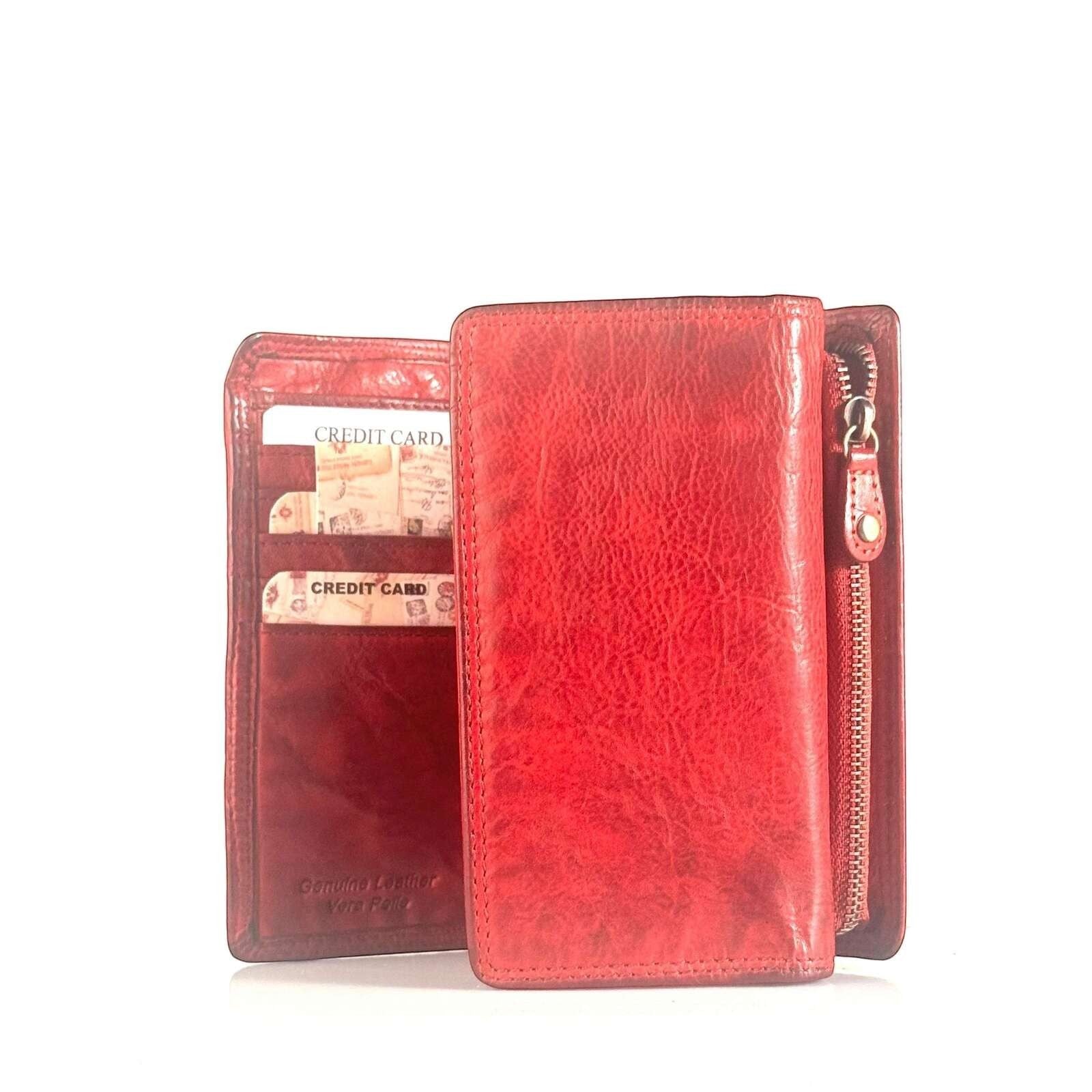 Portafoglio donna Pito’s|Bag in vera pelle rossa con zip esterna e numerosi scomparti per carte, design Made in Italy