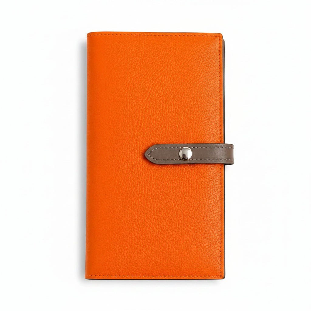 Portafoglio donna Pito’s|Bag in vera pelle bicolore arancione e grigio con chiusura a bottone a pressione