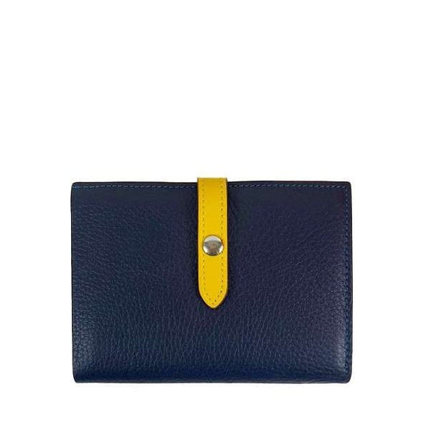 Portafoglio donna Pito’s|Bag bicolore in vera pelle blu e gialla con chiusura a bottone a pressione