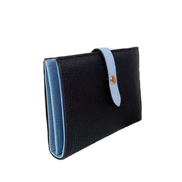 Portafoglio donna Pito’s|Bag in vera pelle bicolore nero e azzurro con chiusura a bottone e design compatto