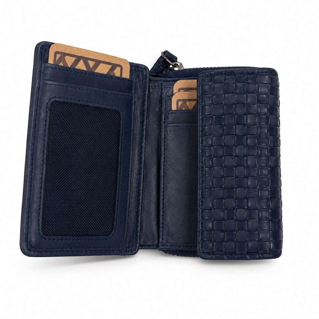 Portafoglio donna compatto Pito’s|Bag in pelle blu scuro intrecciata con slot per tessere e portamonete interno