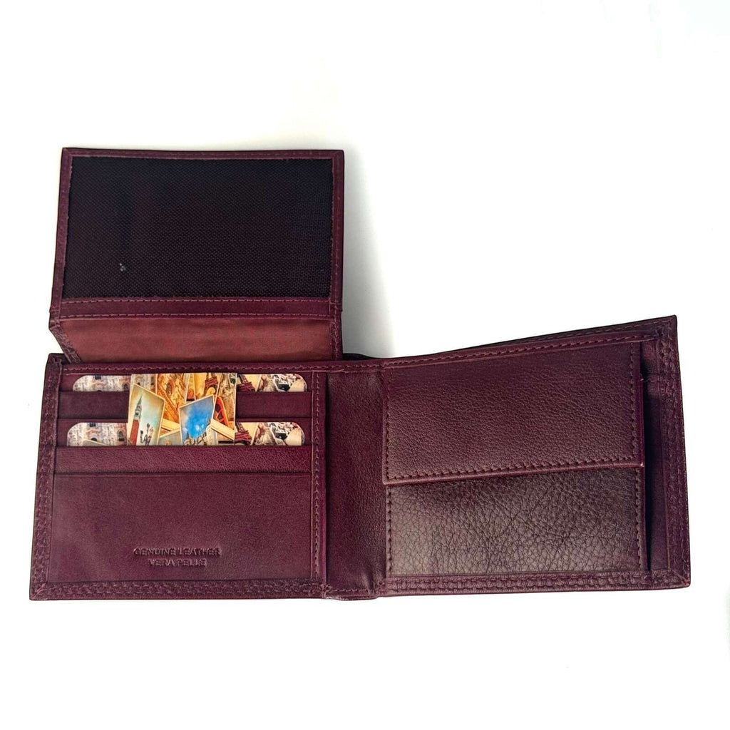 Portafoglio Pito’s|Bag small in pelle bordeaux con slot per carte, vani banconote e portamonete con bottone.