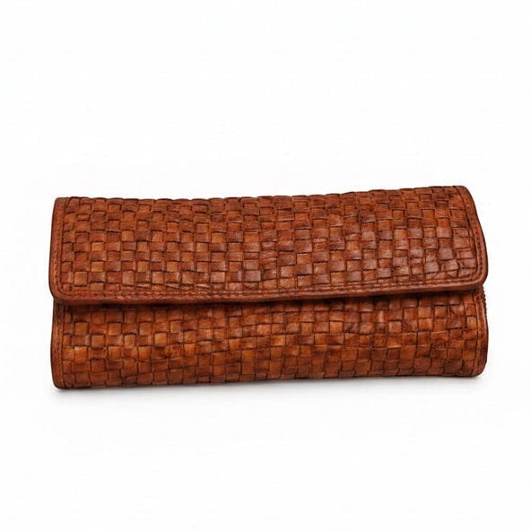 Portafoglio donna Pito’s|Bag in vera pelle di vacchetta color cuoio con lavorazione intrecciata e chiusura a clip