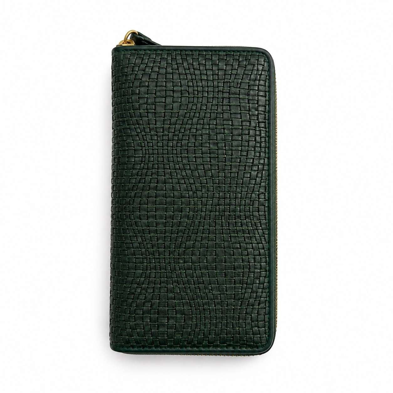 Portafoglio donna Pito’s|Bag in pelle verde scuro con lavorazione a intreccio effetto paglia e chiusura total zip.