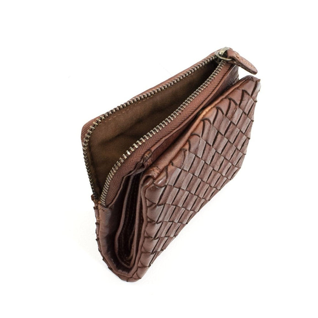 Portafoglio Pito’s|Bag da uomo in pelle di vitello marrone intrecciata con chiusura a zip e design vintage compatto