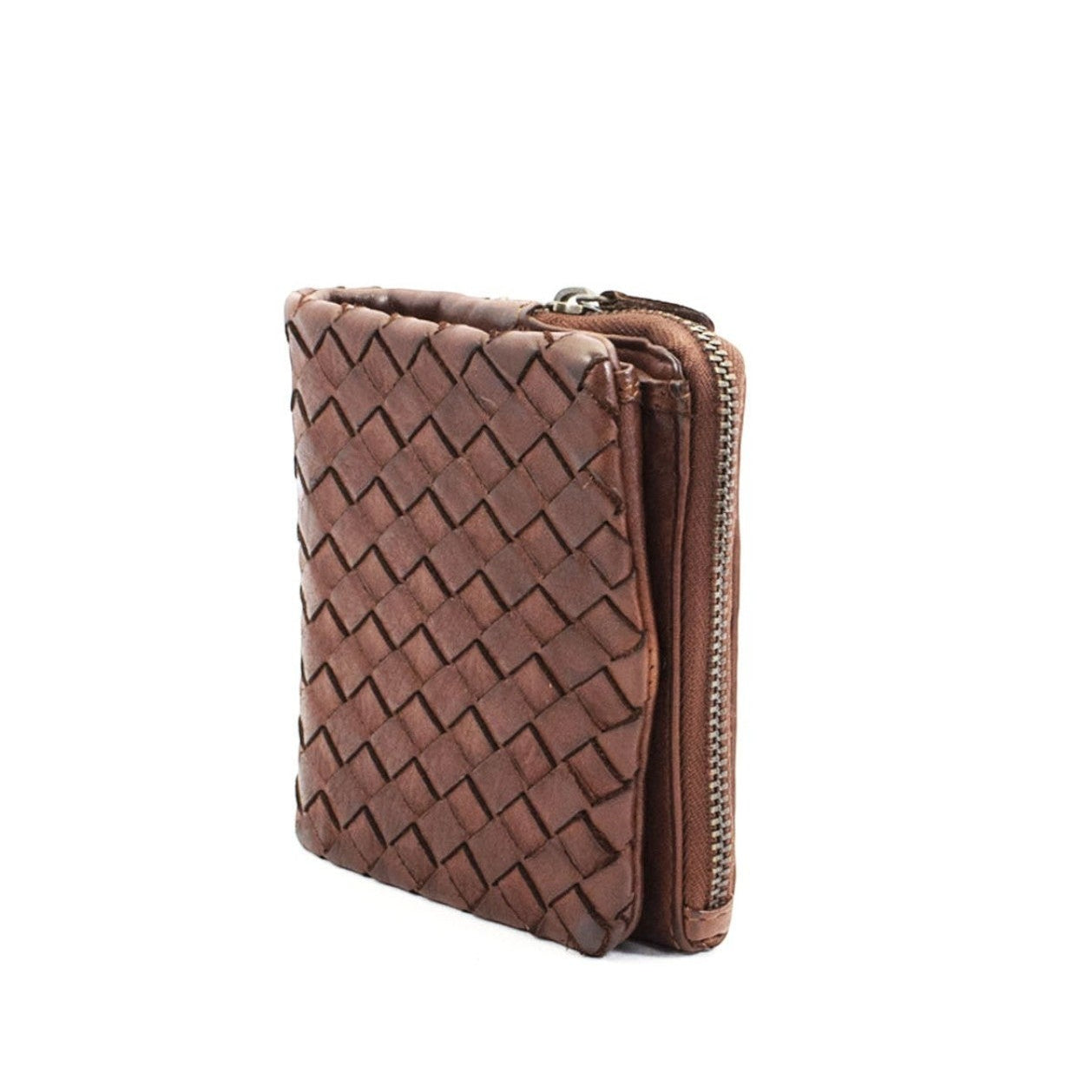 Portafoglio Pito’s|Bag da uomo in pelle di vitello marrone intrecciata, stile vintage con chiusura a zip e bottone.