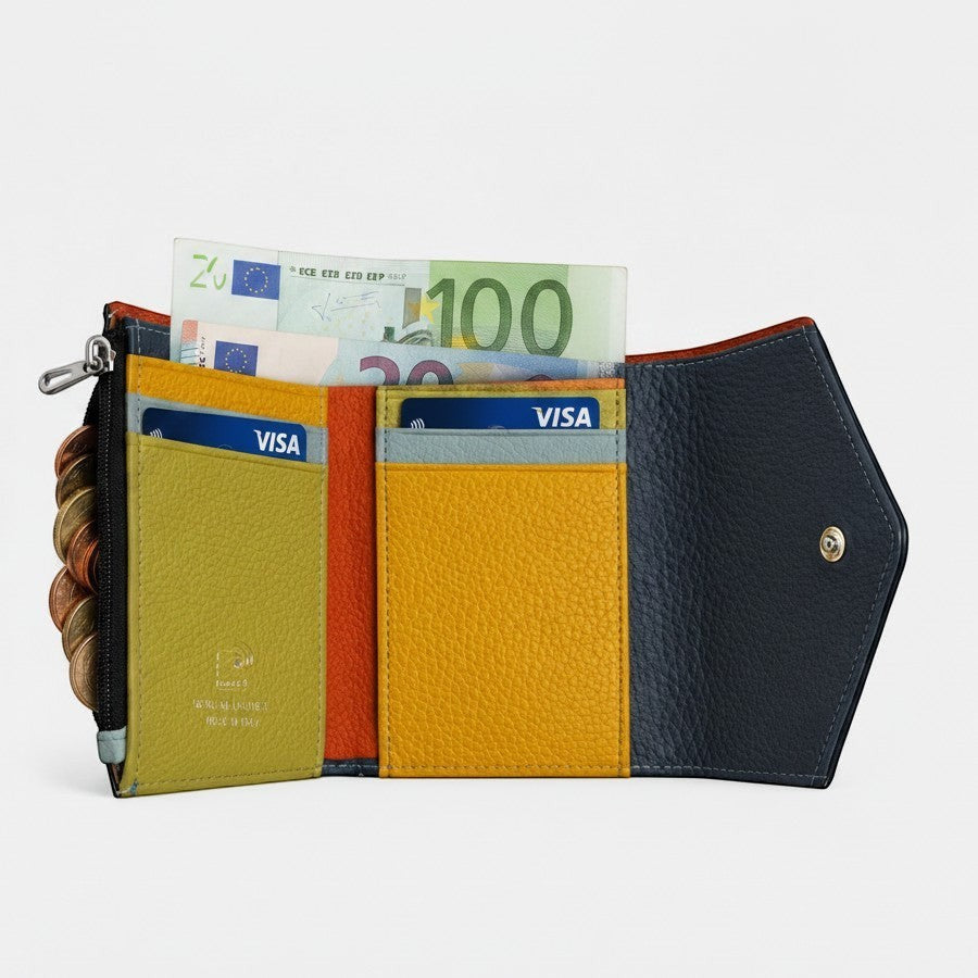 Portafoglio compatto Pito’s|Bag in vera pelle martellata multicolore con scomparti per carte, banconote e monete