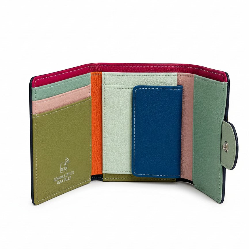Portafoglio Pito’s|Bag Grosseto in vera pelle multicolore con protezione RFID, interno organizzato e slot per tessere.